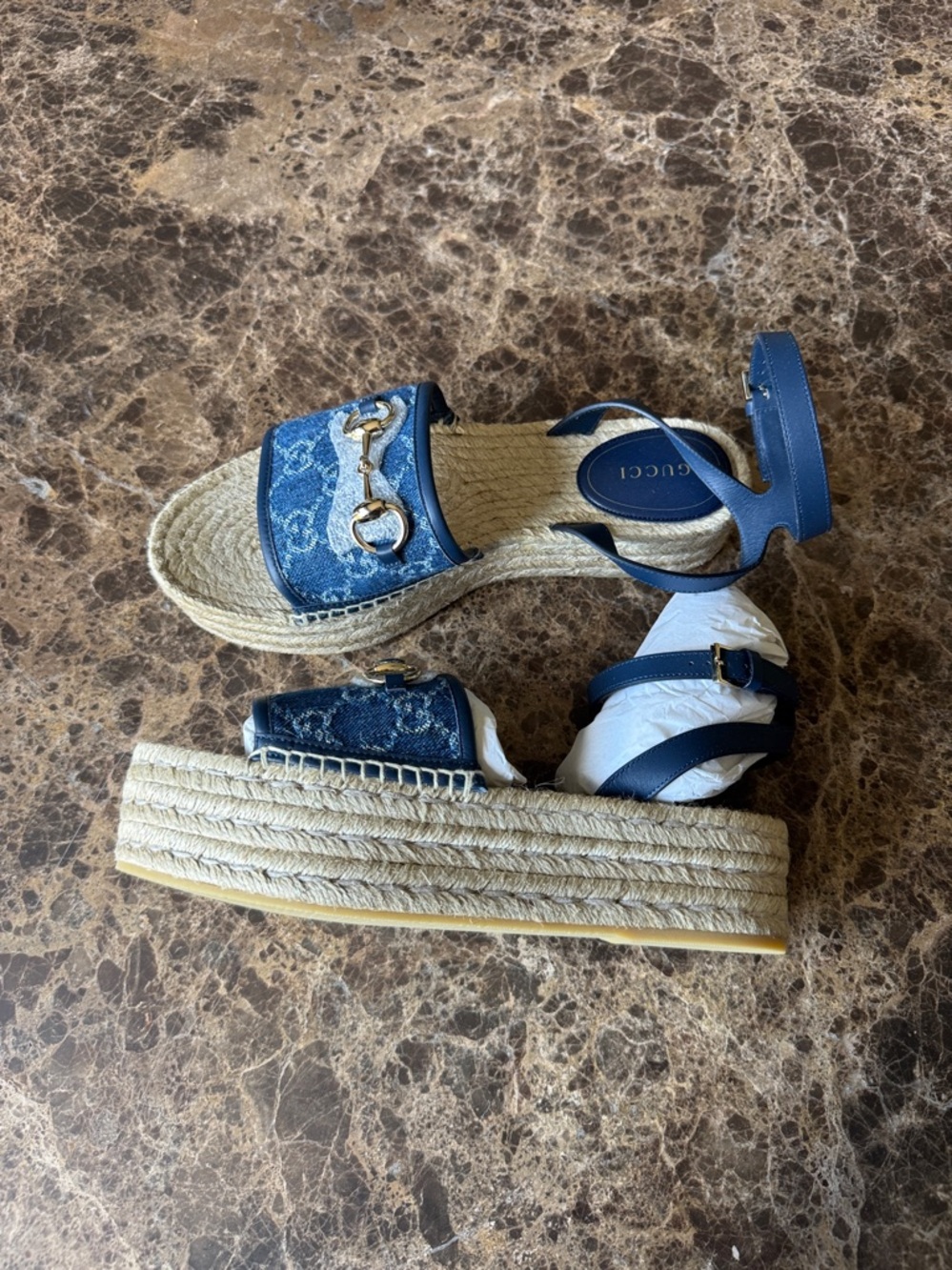 Gucci denim azure blue wedge logo espadrille sandal sz 39 - Picture 5 of 10